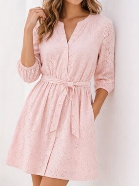 Banana Republic Pink Eyelet Dress Size Large | Belted Summer Boho